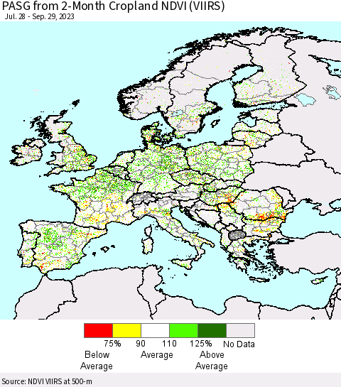 Europe PASG from 2-Month Cropland NDVI (VIIRS) Thematic Map For 9/22/2023 - 9/29/2023