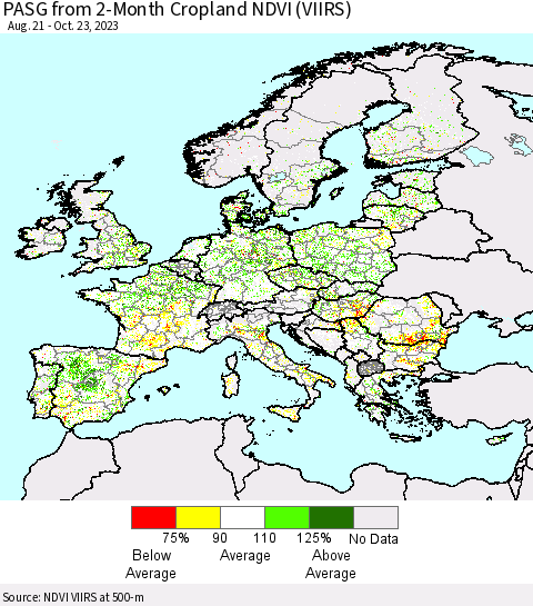 Europe PASG from 2-Month Cropland NDVI (VIIRS) Thematic Map For 10/16/2023 - 10/23/2023