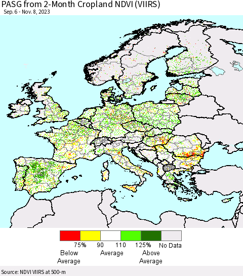 Europe PASG from 2-Month Cropland NDVI (VIIRS) Thematic Map For 11/1/2023 - 11/8/2023