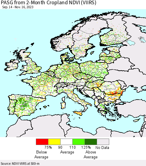 Europe PASG from 2-Month Cropland NDVI (VIIRS) Thematic Map For 11/9/2023 - 11/16/2023