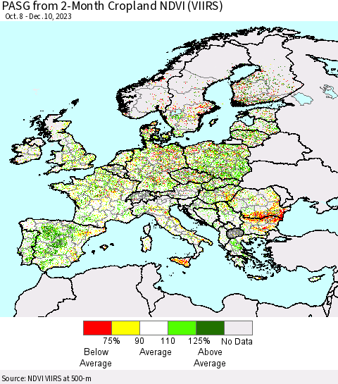 Europe PASG from 2-Month Cropland NDVI (VIIRS) Thematic Map For 12/3/2023 - 12/10/2023