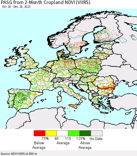 Europe PASG from 2-Month Cropland NDVI (VIIRS) Thematic Map For 12/11/2023 - 12/18/2023