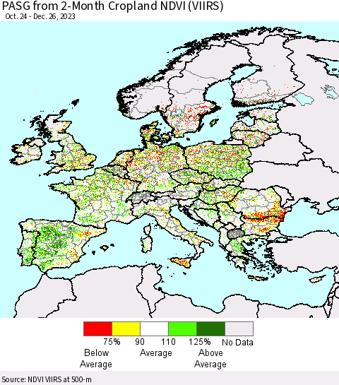 Europe PASG from 2-Month Cropland NDVI (VIIRS) Thematic Map For 12/19/2023 - 12/26/2023