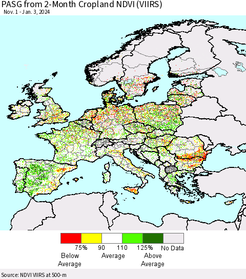 Europe PASG from 2-Month Cropland NDVI (VIIRS) Thematic Map For 12/27/2023 - 1/3/2024