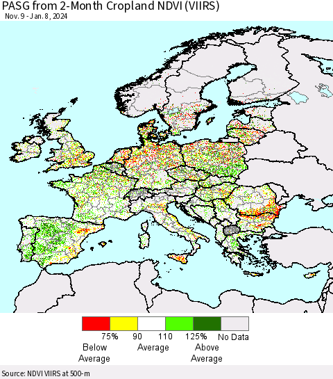 Europe PASG from 2-Month Cropland NDVI (VIIRS) Thematic Map For 1/1/2024 - 1/8/2024