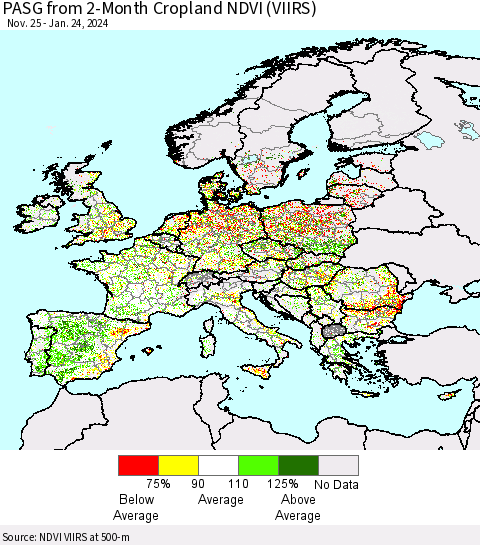 Europe PASG from 2-Month Cropland NDVI (VIIRS) Thematic Map For 1/17/2024 - 1/24/2024