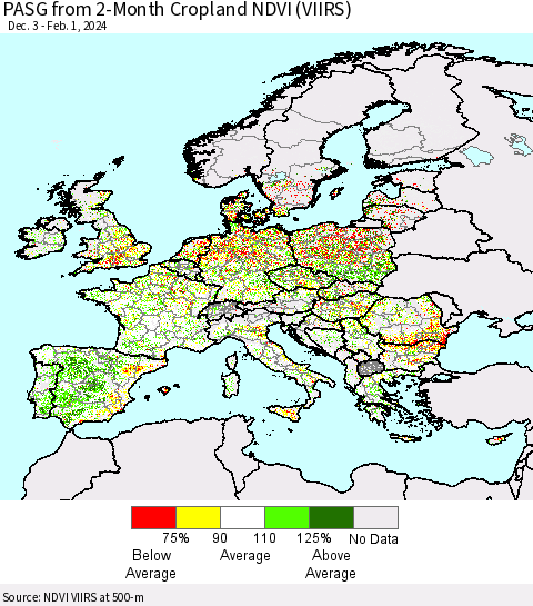 Europe PASG from 2-Month Cropland NDVI (VIIRS) Thematic Map For 1/25/2024 - 2/1/2024