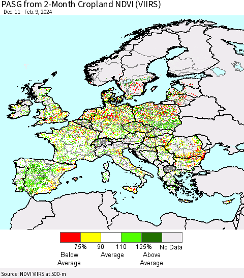 Europe PASG from 2-Month Cropland NDVI (VIIRS) Thematic Map For 2/2/2024 - 2/9/2024
