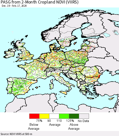 Europe PASG from 2-Month Cropland NDVI (VIIRS) Thematic Map For 2/10/2024 - 2/17/2024