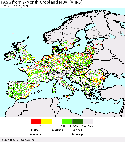 Europe PASG from 2-Month Cropland NDVI (VIIRS) Thematic Map For 2/18/2024 - 2/25/2024