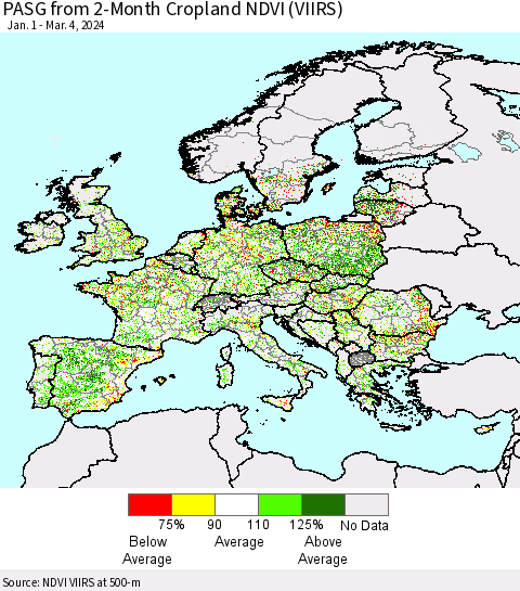 Europe PASG from 2-Month Cropland NDVI (VIIRS) Thematic Map For 2/26/2024 - 3/4/2024