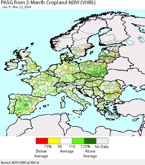 Europe PASG from 2-Month Cropland NDVI (VIIRS) Thematic Map For 3/5/2024 - 3/12/2024