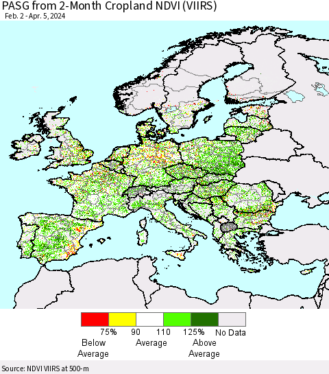 Europe PASG from 2-Month Cropland NDVI (VIIRS) Thematic Map For 3/29/2024 - 4/5/2024