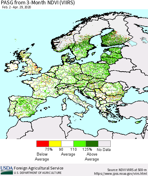 Europe PASG from 3-Month NDVI (VIIRS) Thematic Map For 4/21/2020 - 4/30/2020