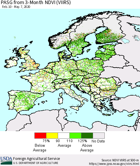 Europe PASG from 3-Month NDVI (VIIRS) Thematic Map For 5/1/2020 - 5/10/2020