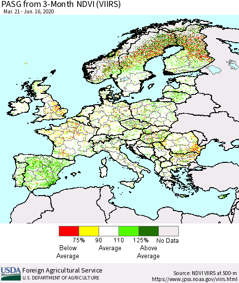 Europe PASG from 3-Month NDVI (VIIRS) Thematic Map For 6/11/2020 - 6/20/2020
