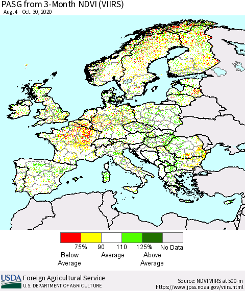 Europe PASG from 3-Month NDVI (VIIRS) Thematic Map For 10/21/2020 - 10/31/2020