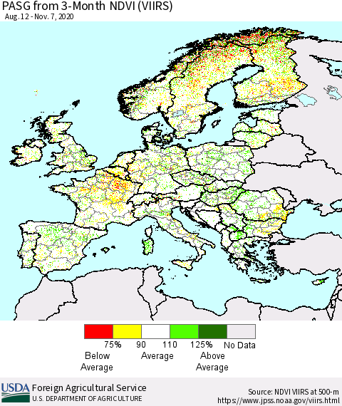 Europe PASG from 3-Month NDVI (VIIRS) Thematic Map For 11/1/2020 - 11/10/2020