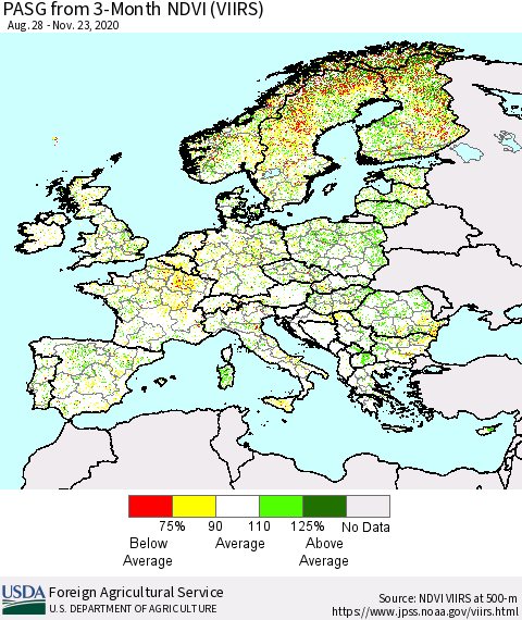 Europe PASG from 3-Month NDVI (VIIRS) Thematic Map For 11/21/2020 - 11/30/2020