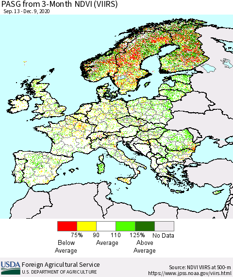 Europe PASG from 3-Month NDVI (VIIRS) Thematic Map For 12/1/2020 - 12/10/2020