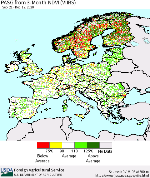 Europe PASG from 3-Month NDVI (VIIRS) Thematic Map For 12/11/2020 - 12/20/2020