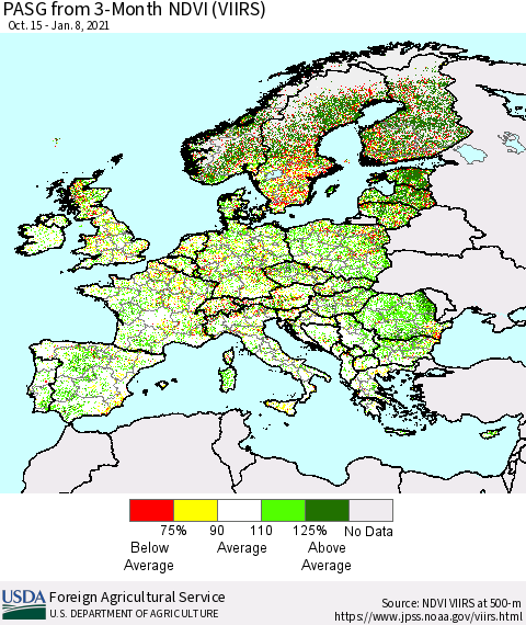 Europe PASG from 3-Month NDVI (VIIRS) Thematic Map For 1/1/2021 - 1/10/2021