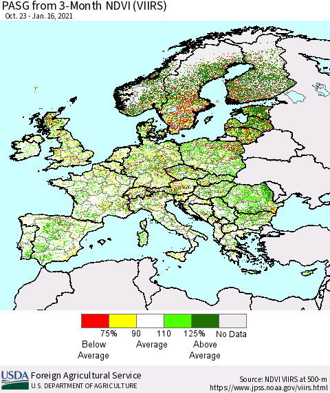 Europe PASG from 3-Month NDVI (VIIRS) Thematic Map For 1/11/2021 - 1/20/2021