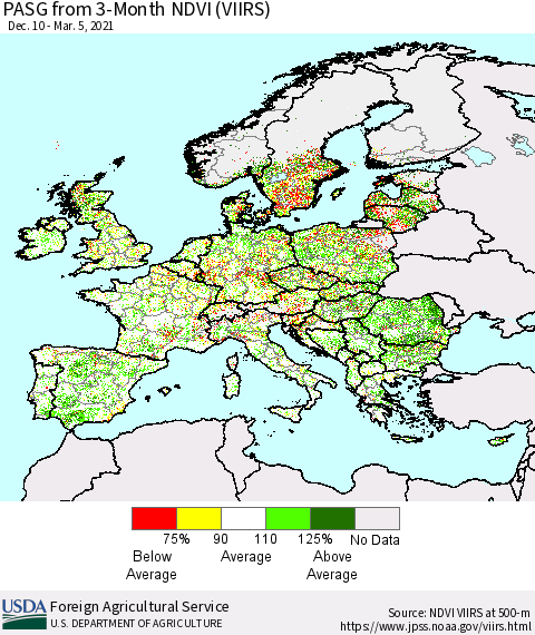 Europe PASG from 3-Month NDVI (VIIRS) Thematic Map For 3/1/2021 - 3/10/2021