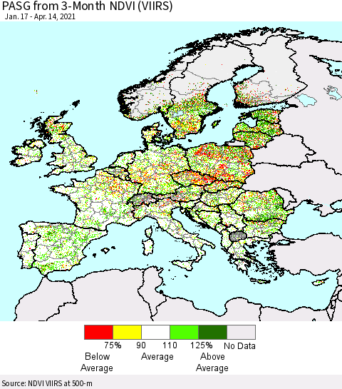Europe PASG from 3-Month NDVI (VIIRS) Thematic Map For 4/7/2021 - 4/14/2021