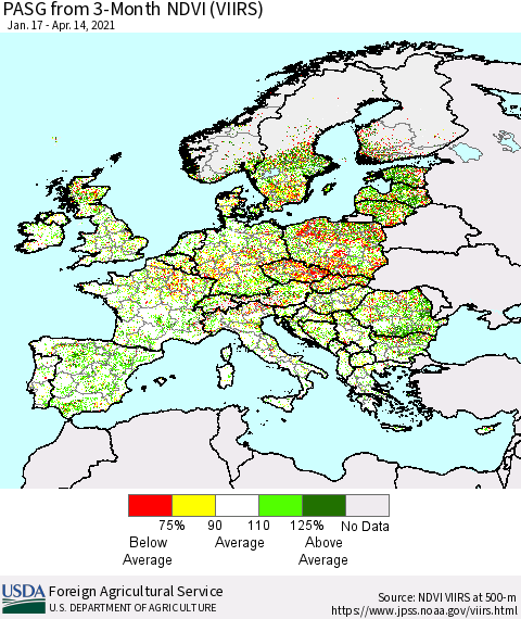 Europe PASG from 3-Month NDVI (VIIRS) Thematic Map For 4/11/2021 - 4/20/2021