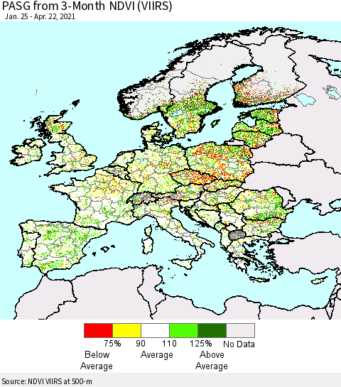 Europe PASG from 3-Month NDVI (VIIRS) Thematic Map For 4/15/2021 - 4/22/2021