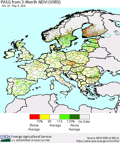 Europe PASG from 3-Month NDVI (VIIRS) Thematic Map For 5/1/2021 - 5/10/2021