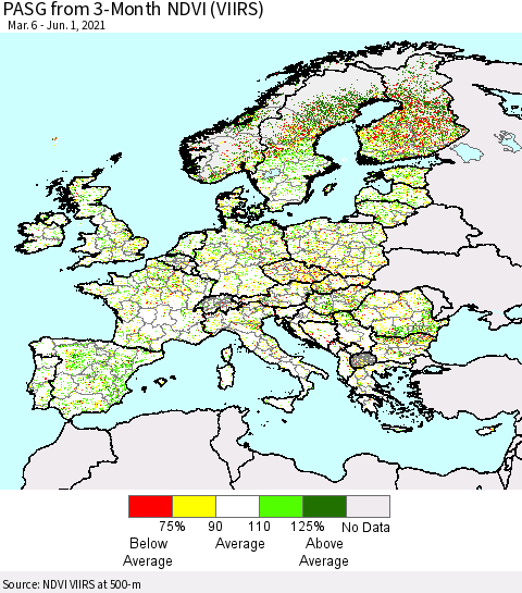 Europe PASG from 3-Month NDVI (VIIRS) Thematic Map For 5/25/2021 - 6/1/2021