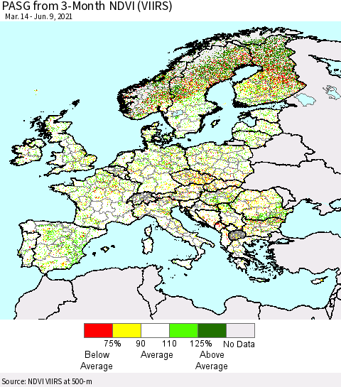 Europe PASG from 3-Month NDVI (VIIRS) Thematic Map For 6/2/2021 - 6/9/2021