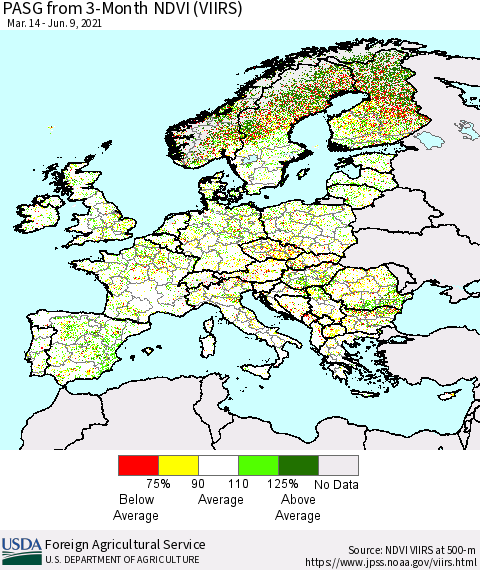 Europe PASG from 3-Month NDVI (VIIRS) Thematic Map For 6/1/2021 - 6/10/2021