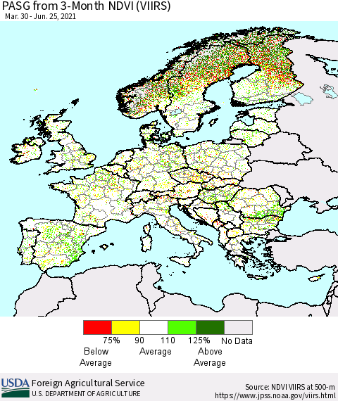 Europe PASG from 3-Month NDVI (VIIRS) Thematic Map For 6/21/2021 - 6/30/2021