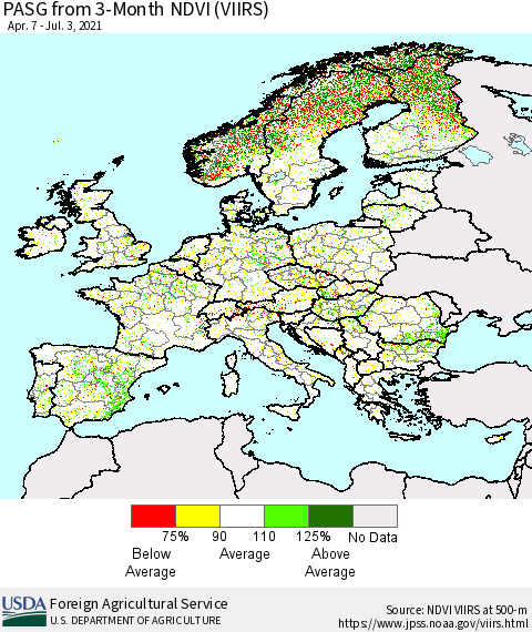 Europe PASG from 3-Month NDVI (VIIRS) Thematic Map For 7/1/2021 - 7/10/2021