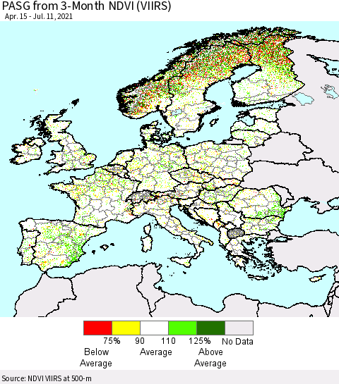 Europe PASG from 3-Month NDVI (VIIRS) Thematic Map For 7/4/2021 - 7/11/2021