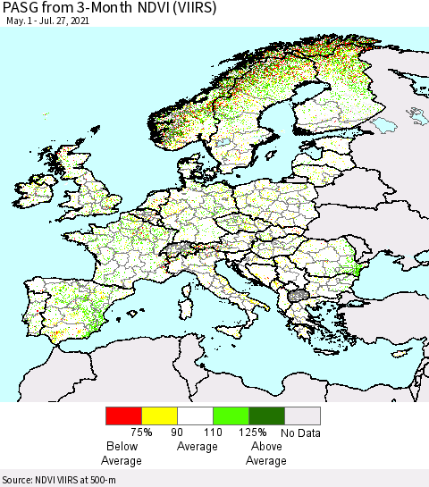 Europe PASG from 3-Month NDVI (VIIRS) Thematic Map For 7/20/2021 - 7/27/2021