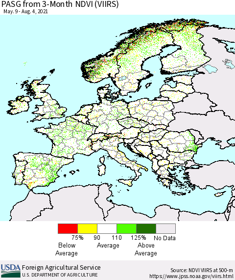 Europe PASG from 3-Month NDVI (VIIRS) Thematic Map For 8/1/2021 - 8/10/2021