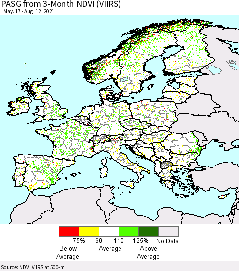 Europe PASG from 3-Month NDVI (VIIRS) Thematic Map For 8/5/2021 - 8/12/2021