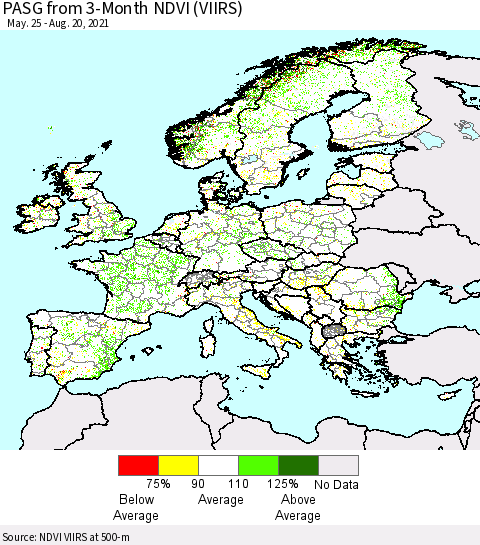 Europe PASG from 3-Month NDVI (VIIRS) Thematic Map For 8/11/2021 - 8/20/2021