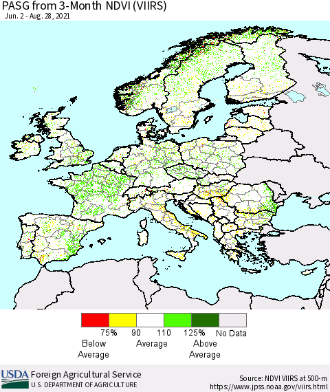 Europe PASG from 3-Month NDVI (VIIRS) Thematic Map For 8/21/2021 - 8/31/2021
