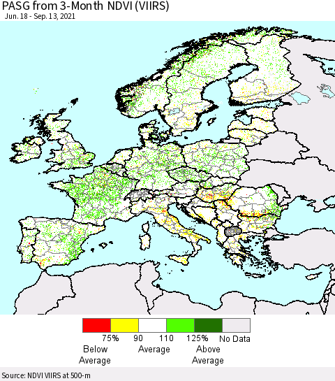 Europe PASG from 3-Month NDVI (VIIRS) Thematic Map For 9/6/2021 - 9/13/2021