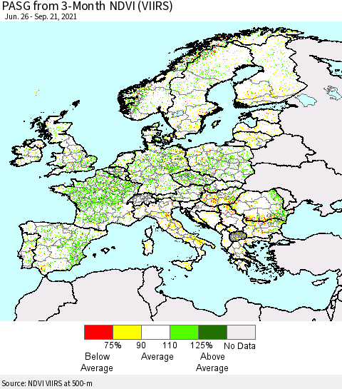 Europe PASG from 3-Month NDVI (VIIRS) Thematic Map For 9/14/2021 - 9/21/2021