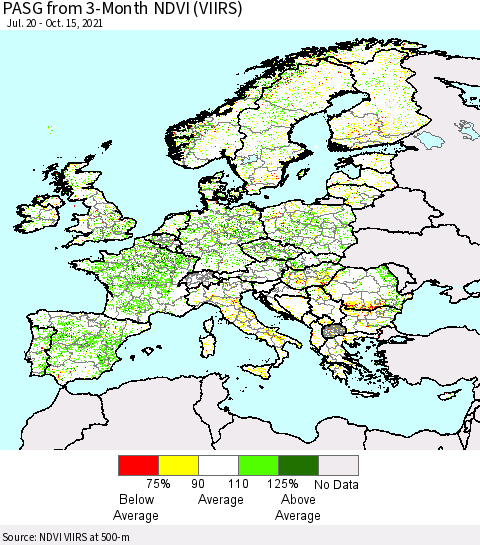 Europe PASG from 3-Month NDVI (VIIRS) Thematic Map For 10/8/2021 - 10/15/2021