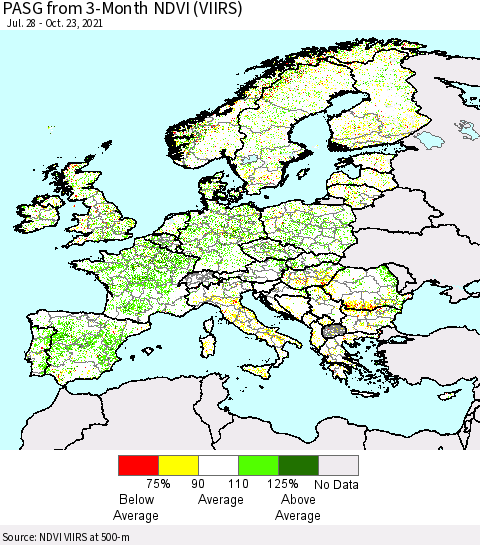 Europe PASG from 3-Month NDVI (VIIRS) Thematic Map For 10/16/2021 - 10/23/2021
