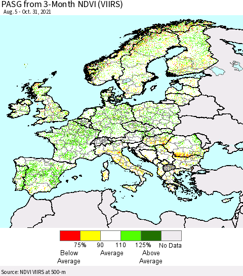 Europe PASG from 3-Month NDVI (VIIRS) Thematic Map For 10/24/2021 - 10/31/2021