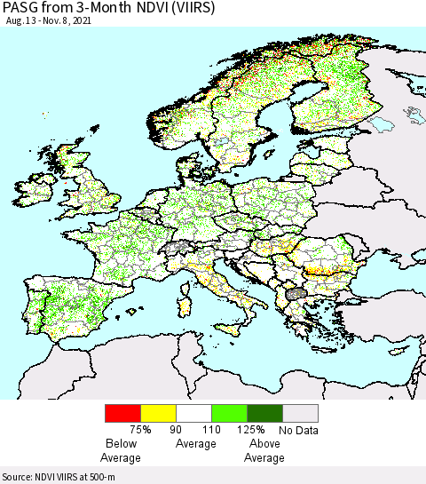 Europe PASG from 3-Month NDVI (VIIRS) Thematic Map For 11/1/2021 - 11/8/2021