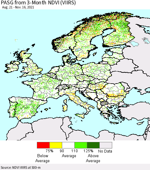 Europe PASG from 3-Month NDVI (VIIRS) Thematic Map For 11/9/2021 - 11/16/2021
